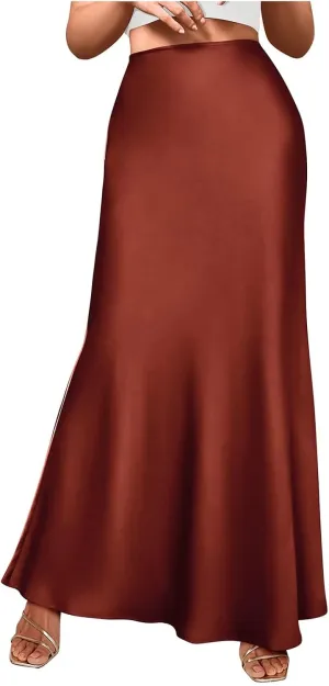 Women's Satin High Waist Skirt Silk Summer Flared A-Line Maxi Skirts Elegant Cocktail Party Wedding Skirt