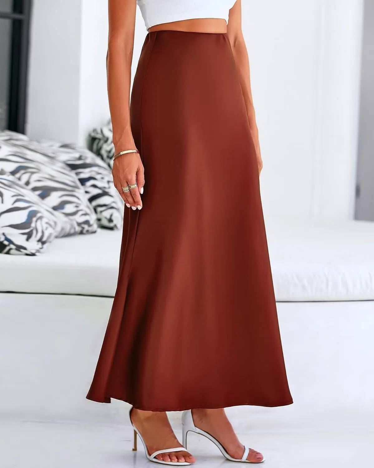 Women's Satin High Waist Skirt Silk Summer Flared A-Line Maxi Skirts Elegant Cocktail Party Wedding Skirt