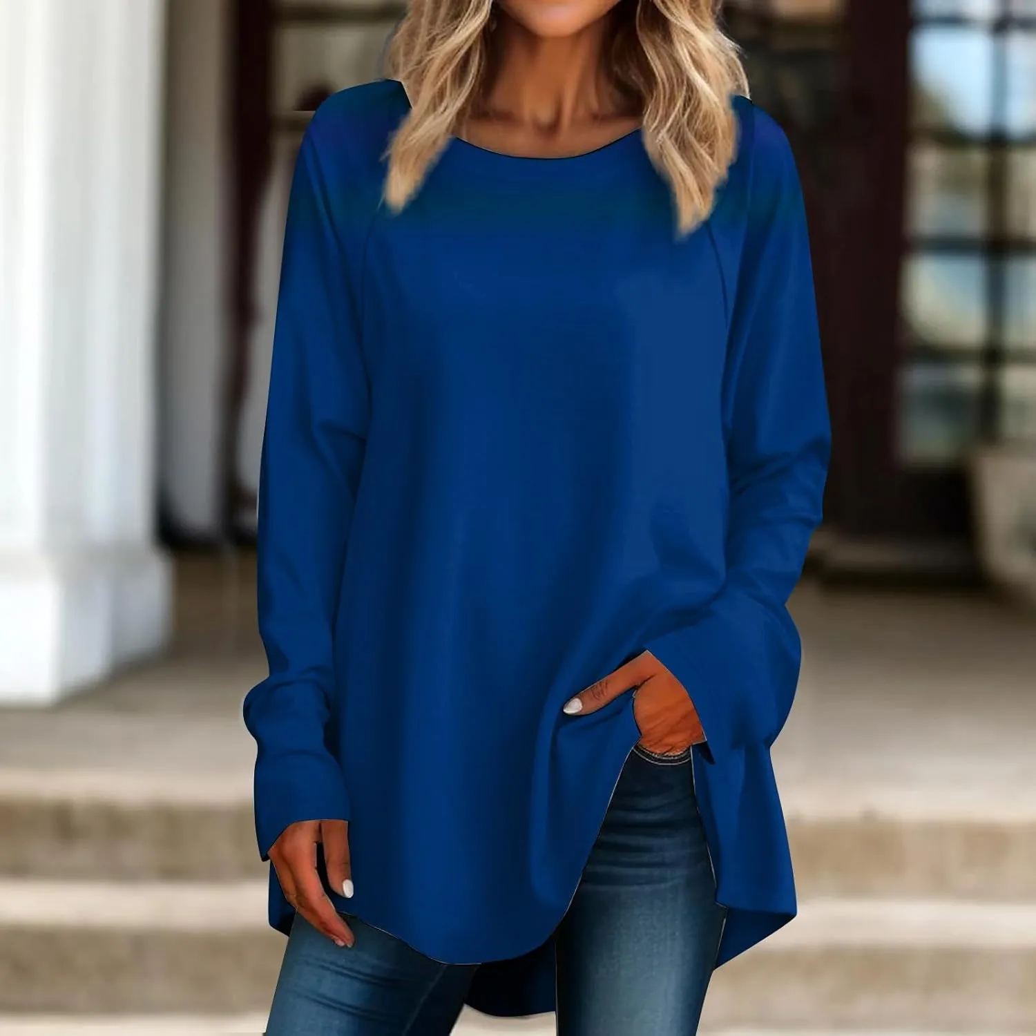 Womens Shirts Long Sleeve Round Neck Tops Trendy Oversized Blouse Casual Cute Tunic Printed Loose Fit Clothing