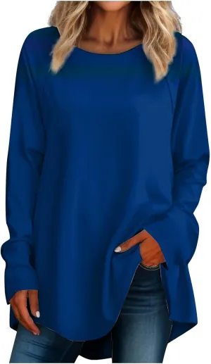 Womens Shirts Long Sleeve Round Neck Tops Trendy Oversized Blouse Casual Cute Tunic Printed Loose Fit Clothing