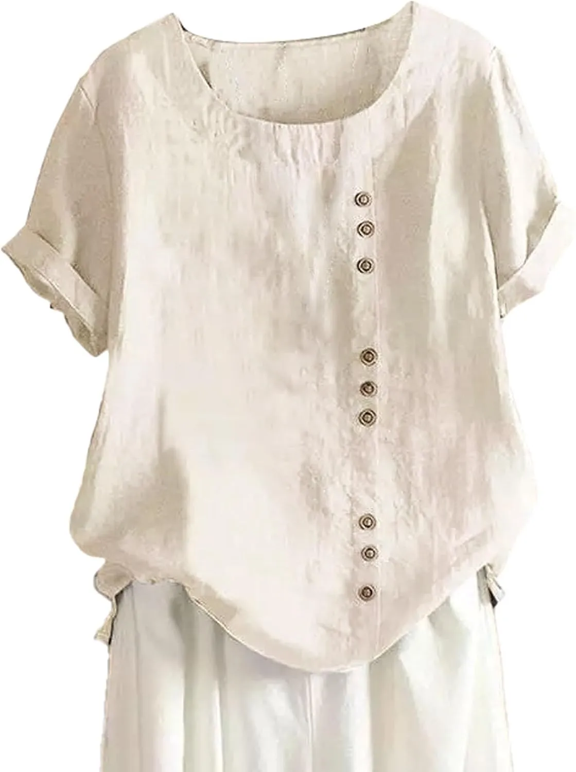 Womens Short Sleeve Cotton Linen Shirts Casual Crewneck Comfy T Shirt Embroidery Loose Fit Summer Tee Shirts