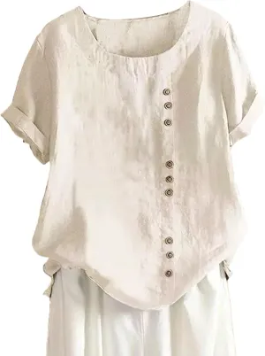 Womens Short Sleeve Cotton Linen Shirts Casual Crewneck Comfy T Shirt Embroidery Loose Fit Summer Tee Shirts