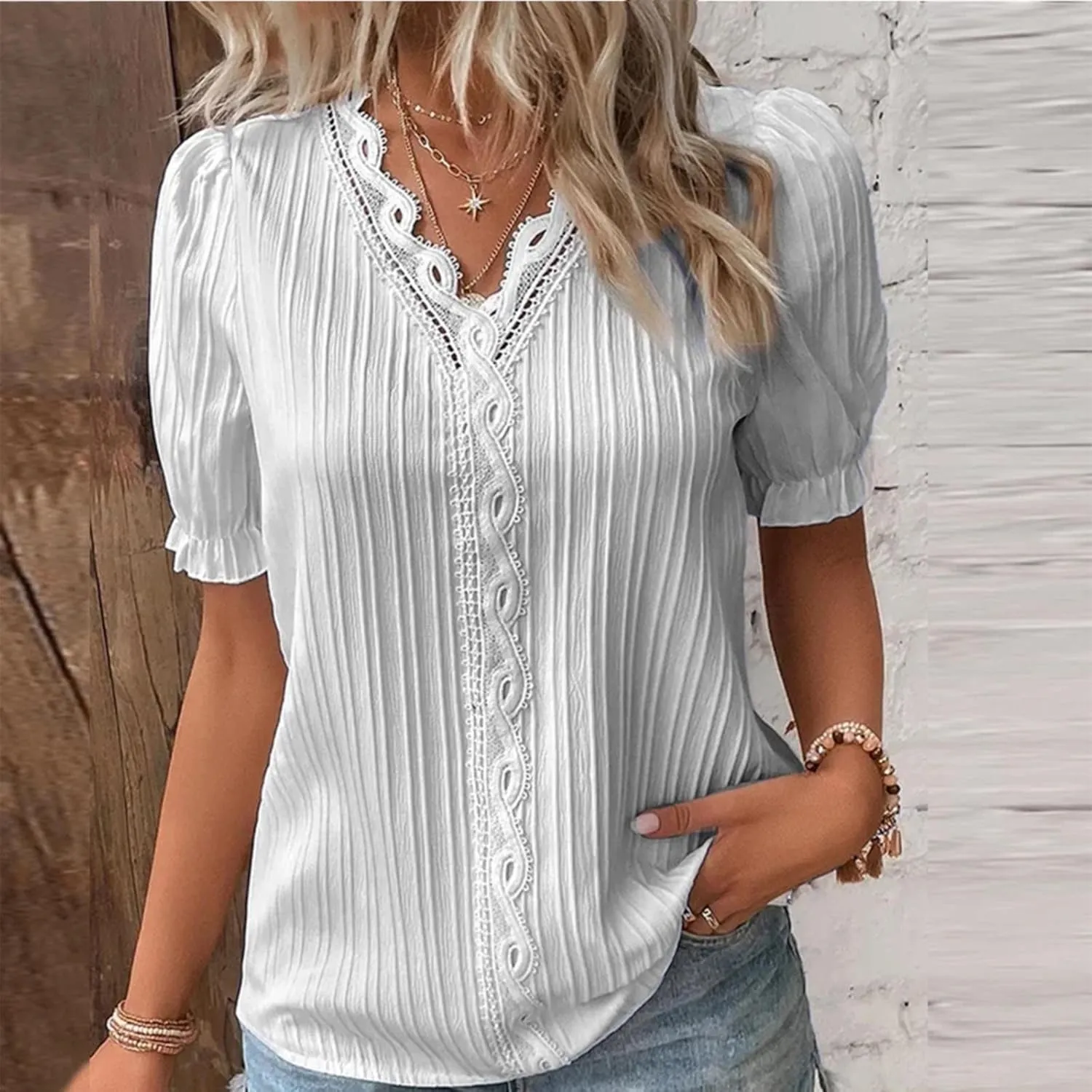 Womens Short Sleeve Shirts V Neck Hollow Summer Tops Loose Dressy Casual Striped T-Shirt Summer Vacation Outfits for Women