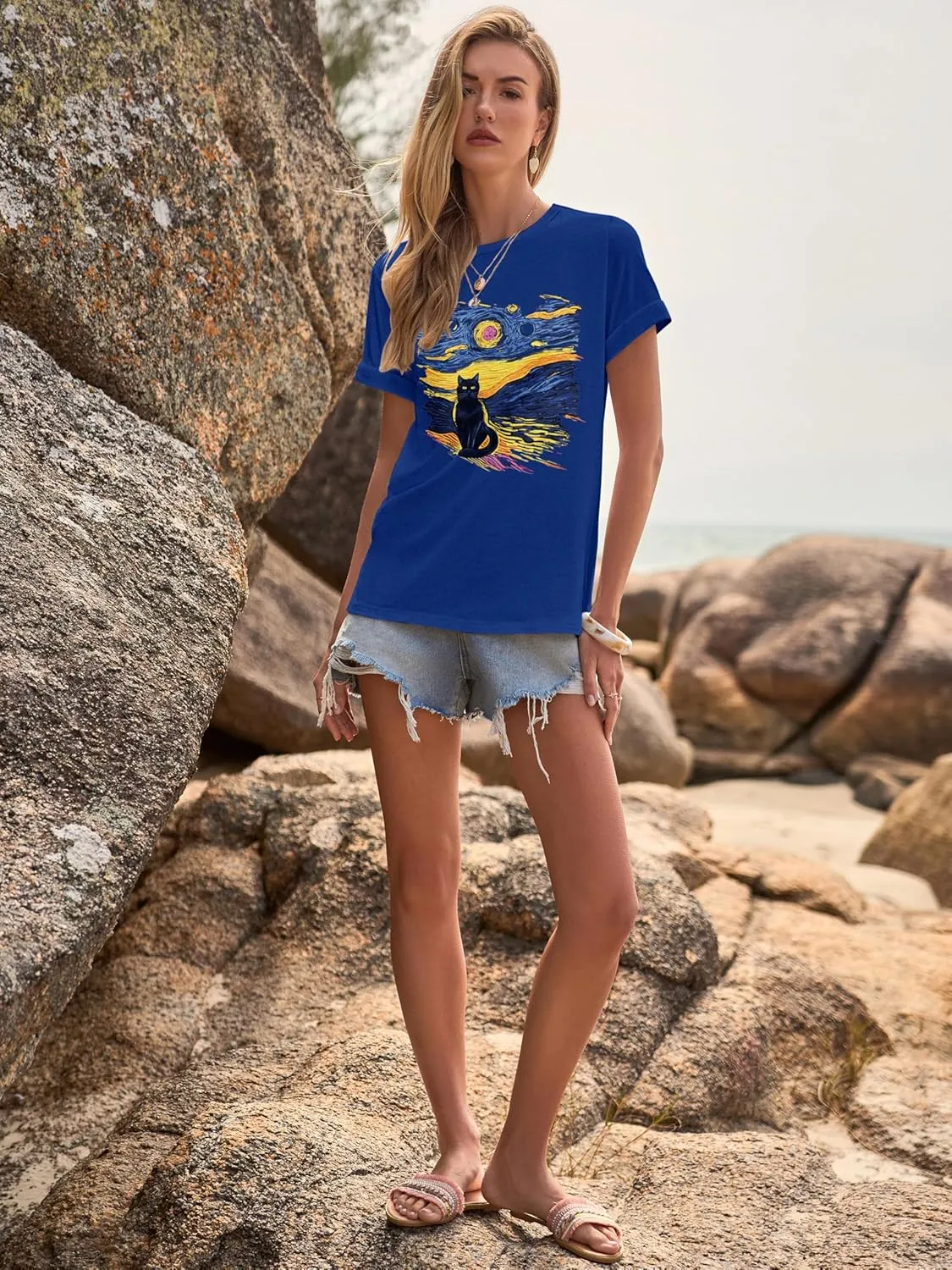 Women's Short Sleeve T Shirts Graphic Tees Crewneck Casual Loose 2025 Summer Boho Tops