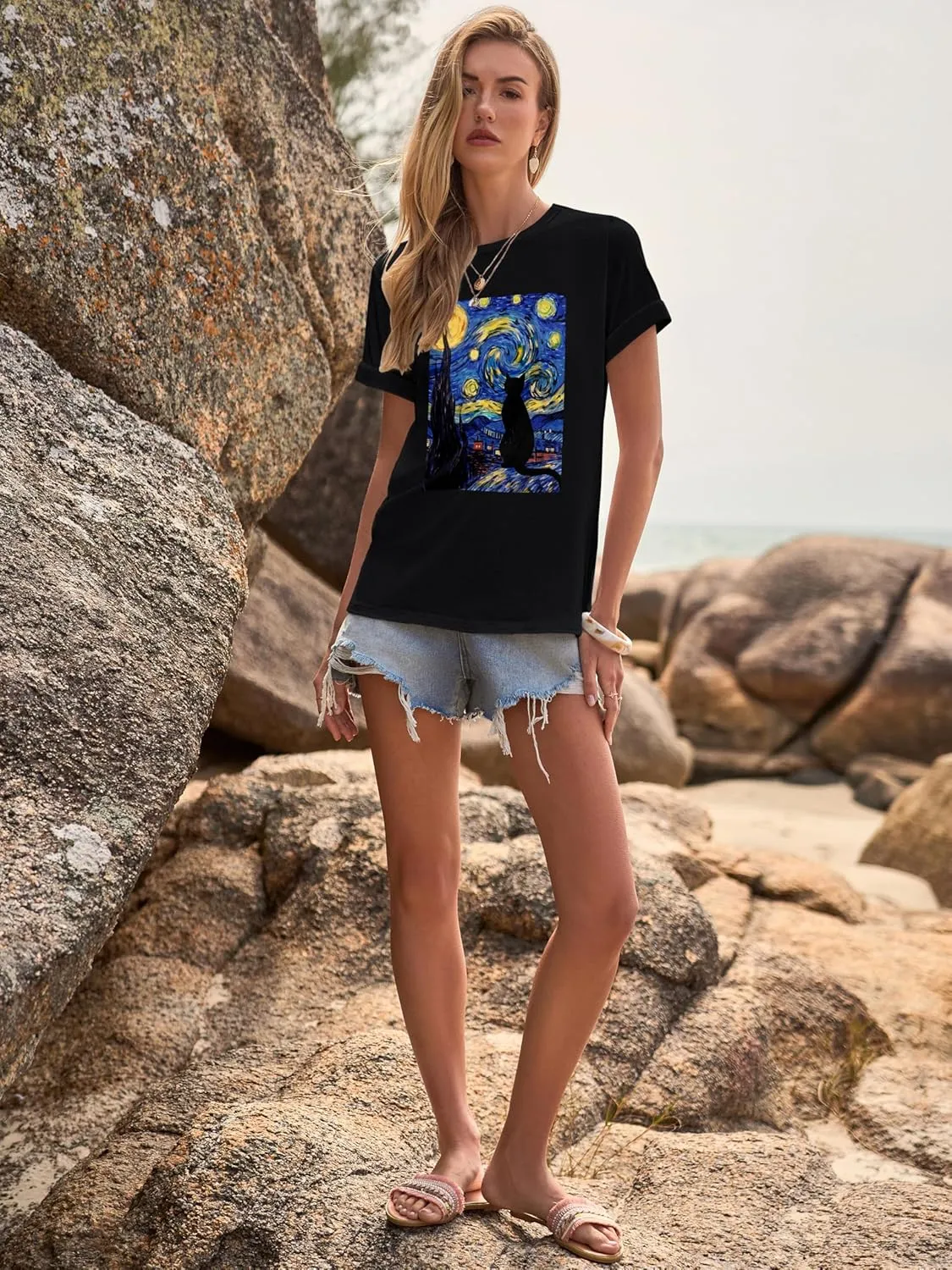 Women's Short Sleeve T Shirts Graphic Tees Crewneck Casual Loose 2025 Summer Boho Tops