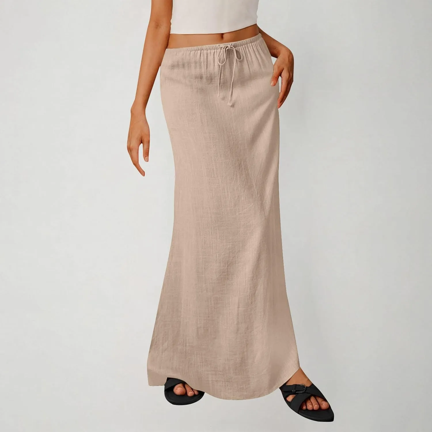 Women's Skirts Casual Solid Color Drawstring High Waist Flowy A Line Beach Long Maxi Skirt Summer Outfits Clothes