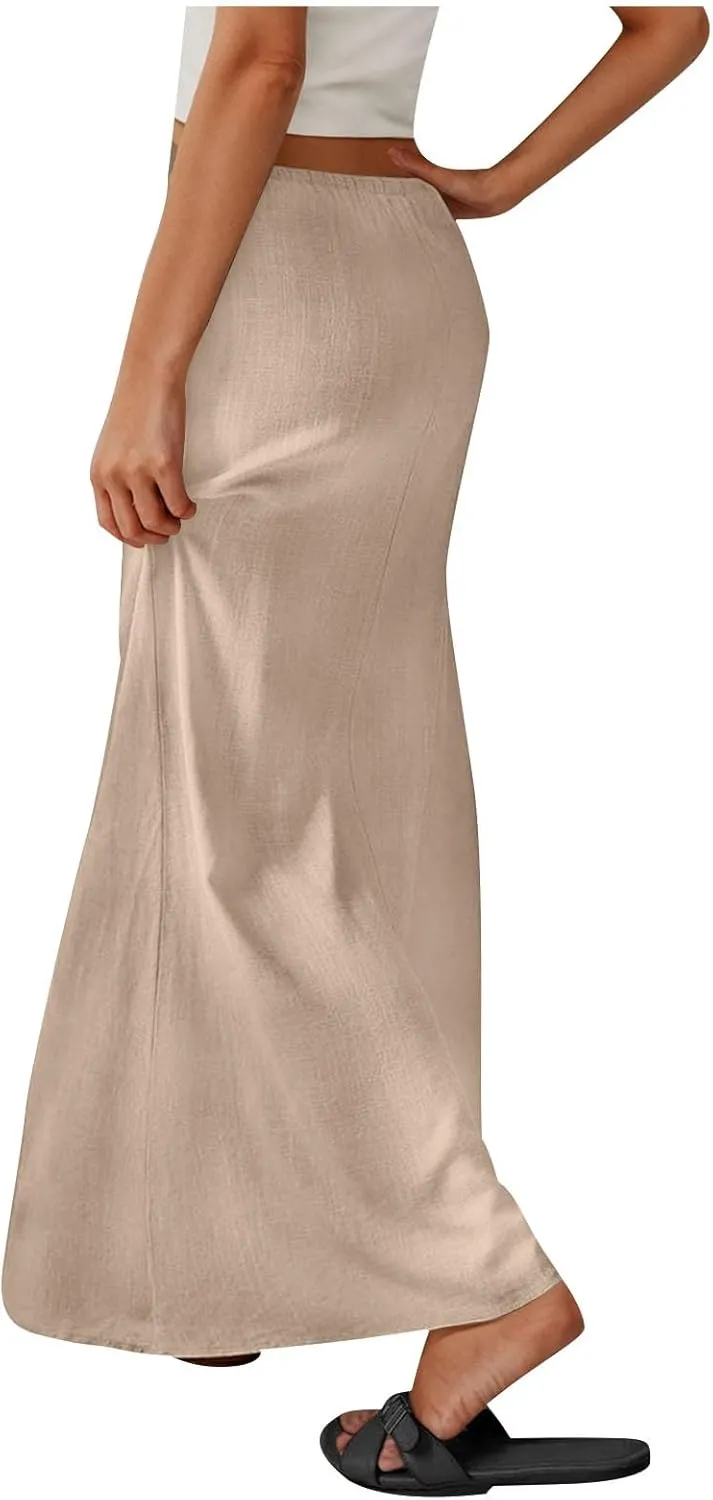 Women's Skirts Casual Solid Color Drawstring High Waist Flowy A Line Beach Long Maxi Skirt Summer Outfits Clothes