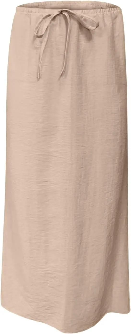 Women's Skirts Casual Solid Color Drawstring High Waist Flowy A Line Beach Long Maxi Skirt Summer Outfits Clothes