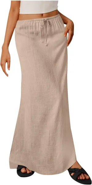 Women's Skirts Casual Solid Color Drawstring High Waist Flowy A Line Beach Long Maxi Skirt Summer Outfits Clothes
