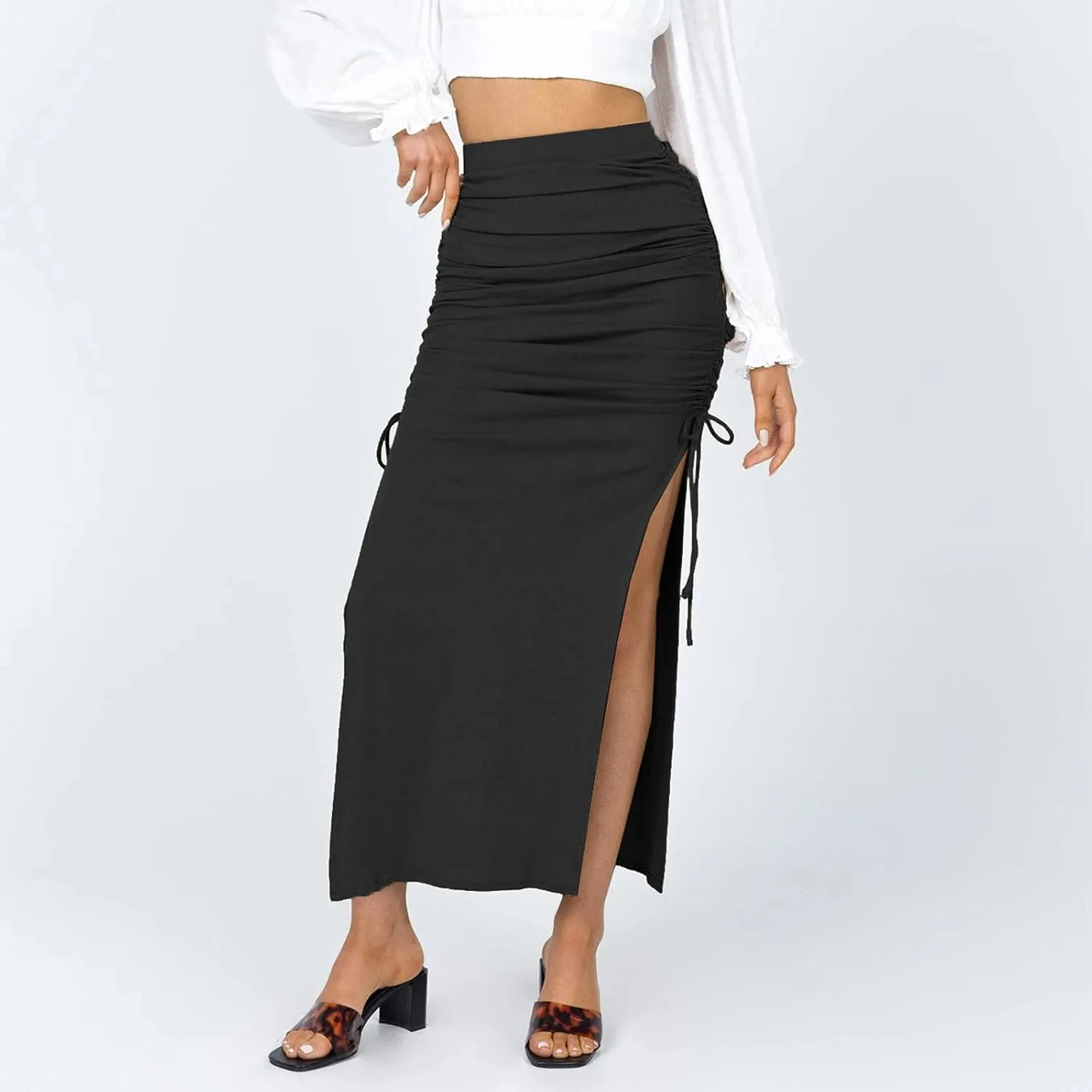 Womens Skirts Midi Length Solid Color Hip-Wrapped Split Skirt Sexy Elasticity Bodycon Skirts Trendy Elegant Skirt