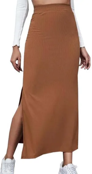 Womens Skirts Midi Length Solid Color Hip-Wrapped Split Skirt Sexy Elasticity Bodycon Skirts Trendy Elegant Skirt