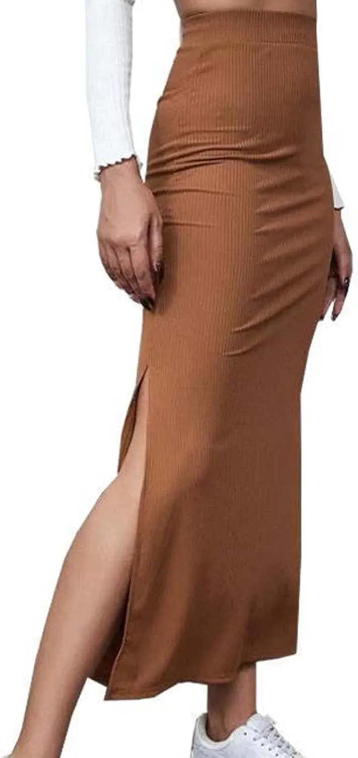 Womens Skirts Midi Length Solid Color Hip-Wrapped Split Skirt Sexy Elasticity Bodycon Skirts Trendy Elegant Skirt