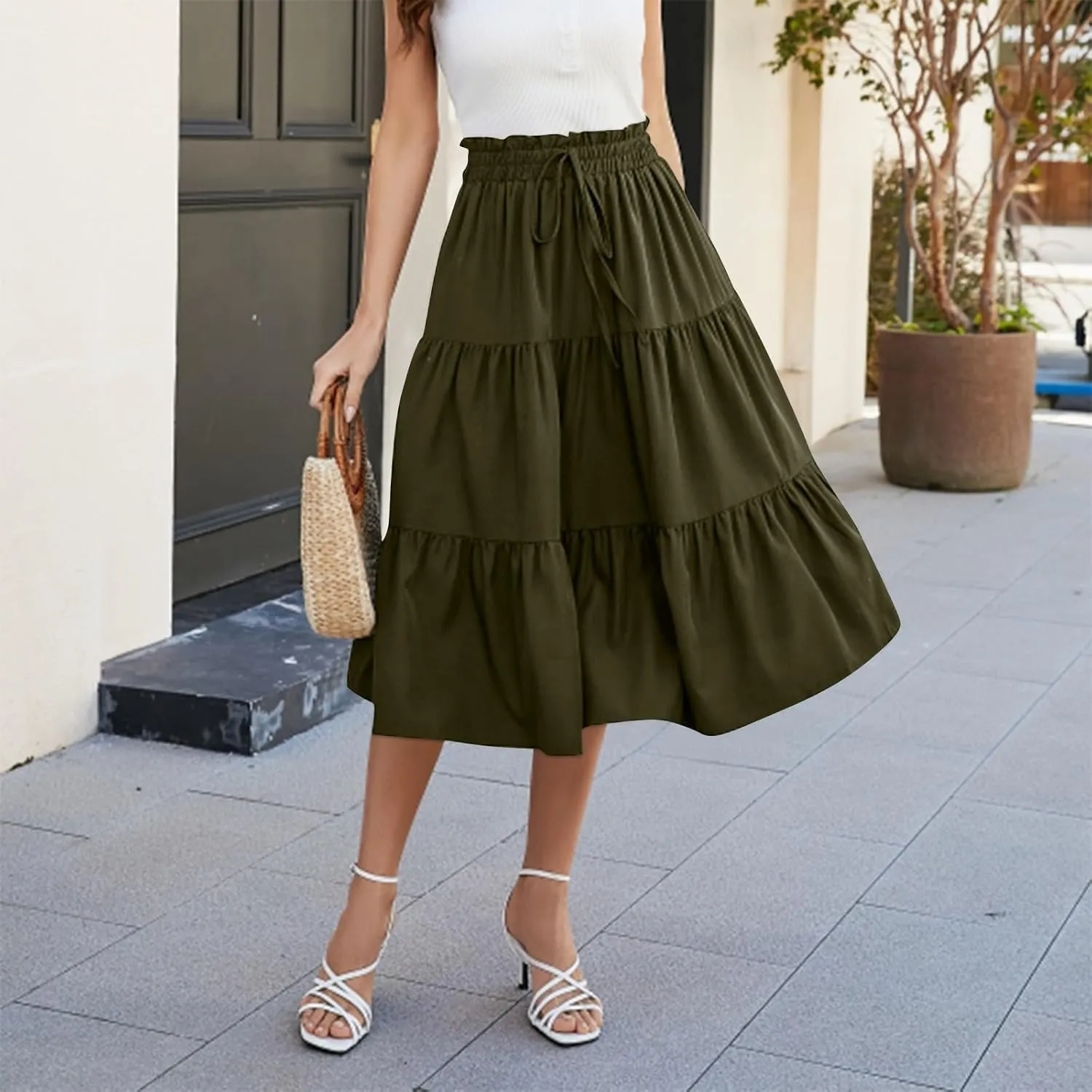Women's Skirts Women's Summer Comfy Tiered Elastic High Waisted Skirts Casual Floral Print A Line Skirt