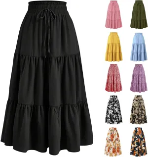 Women's Skirts Women's Summer Comfy Tiered Elastic High Waisted Skirts Casual Floral Print A Line Skirt