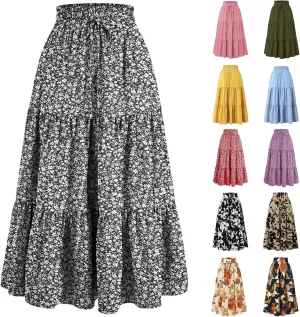 Women's Skirts Women's Summer Comfy Tiered Elastic High Waisted Skirts Casual Floral Print A Line Skirt