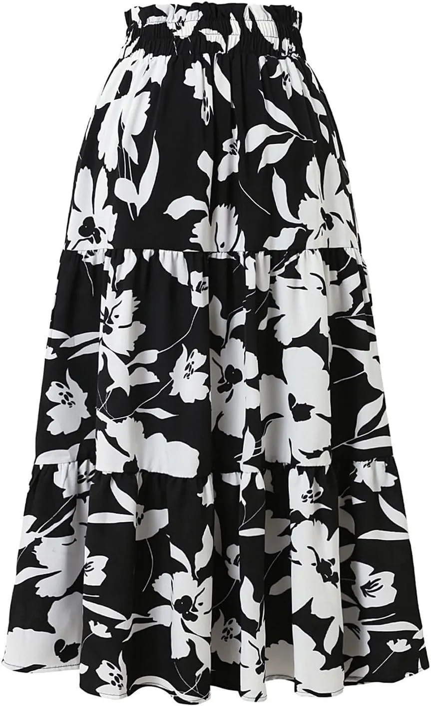 Women's Skirts Women's Summer Comfy Tiered Elastic High Waisted Skirts Casual Floral Print A Line Skirt