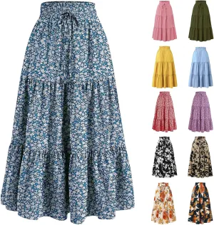 Women's Skirts Women's Summer Comfy Tiered Elastic High Waisted Skirts Casual Floral Print A Line Skirt