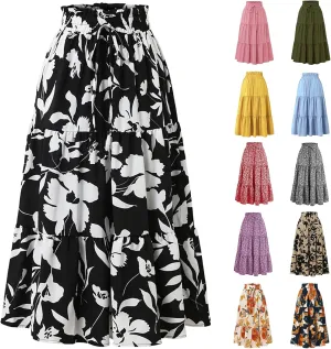 Women's Skirts Women's Summer Comfy Tiered Elastic High Waisted Skirts Casual Floral Print A Line Skirt