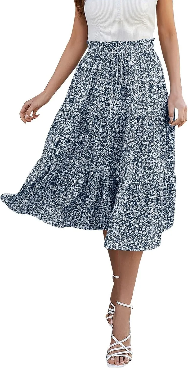 Women's Skirts Women's Summer Comfy Tiered Elastic High Waisted Skirts Casual Floral Print A Line Skirt