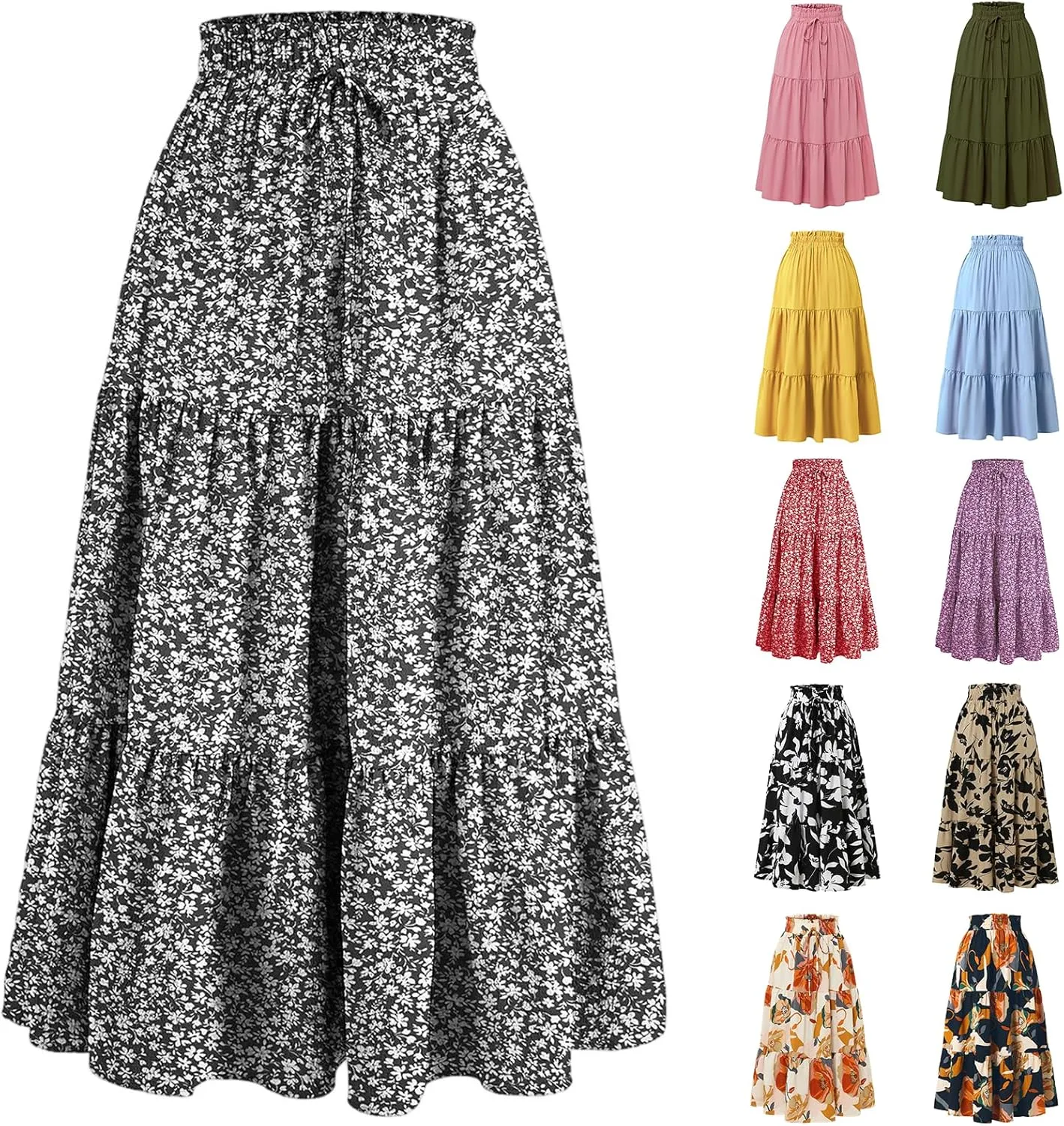 Women's Skirts Women's Summer Comfy Tiered Elastic High Waisted Skirts Casual Floral Print A Line Skirt