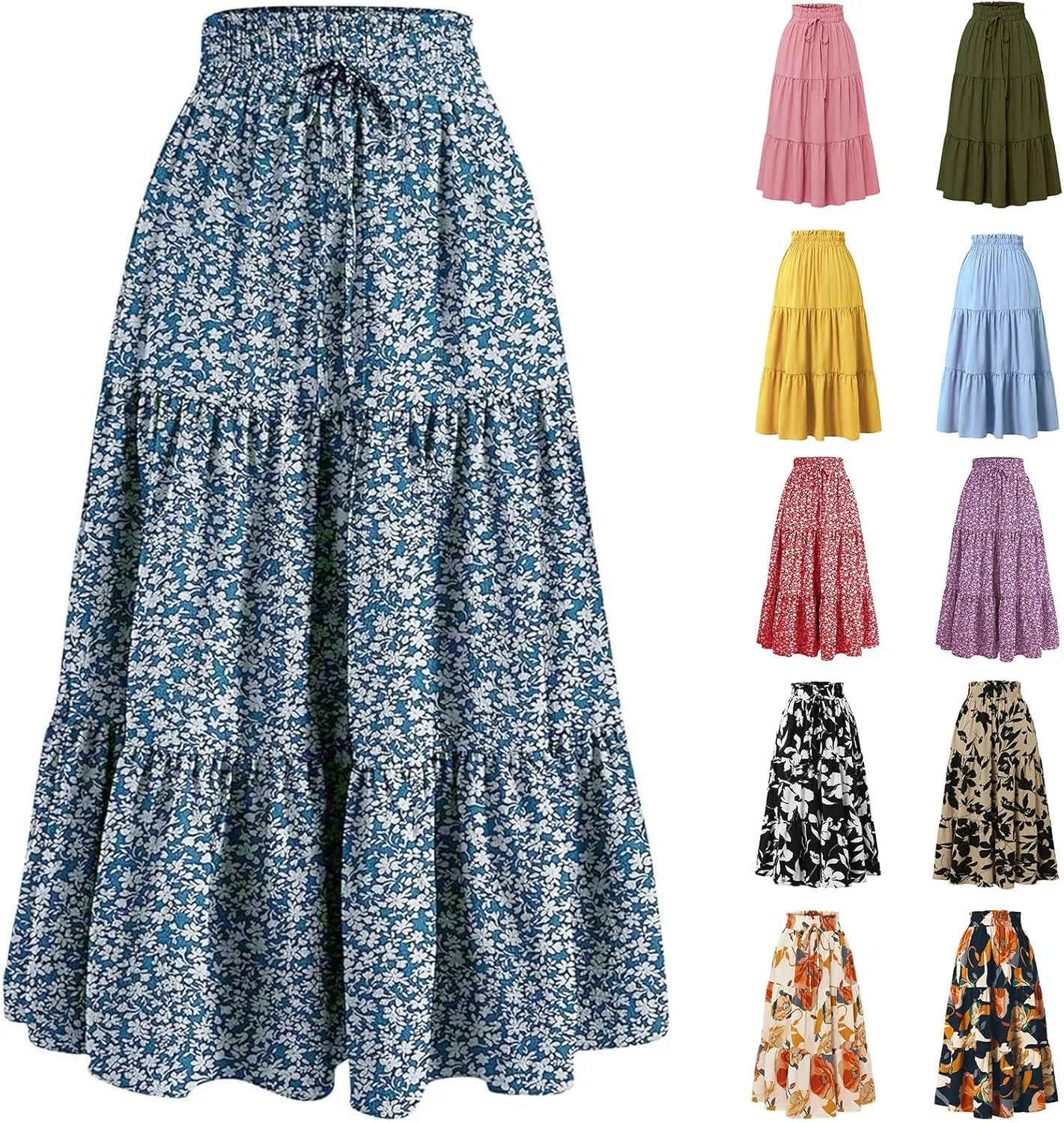Women's Skirts Women's Summer Comfy Tiered Elastic High Waisted Skirts Casual Floral Print A Line Skirt
