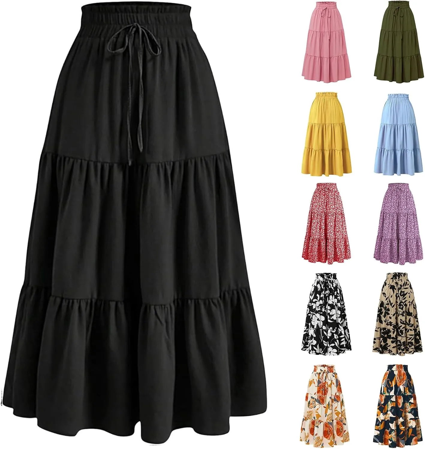 Women's Skirts Women's Summer Comfy Tiered Elastic High Waisted Skirts Casual Floral Print A Line Skirt