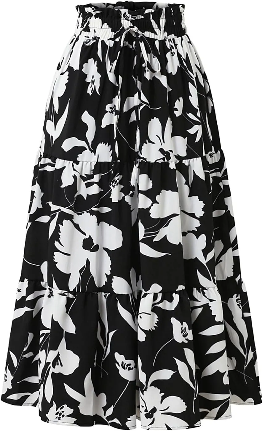 Women's Skirts Women's Summer Comfy Tiered Elastic High Waisted Skirts Casual Floral Print A Line Skirt