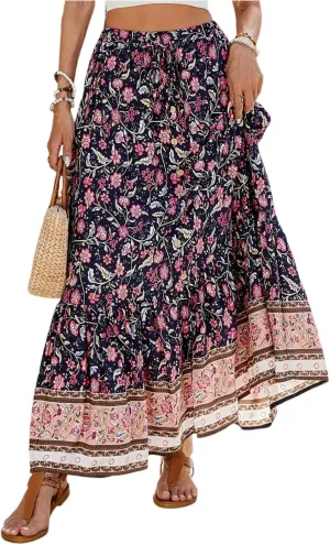 Womens Skirts,Bohemian Flowy Maxi Skirts for Women 2025 Trendy Long Boho Skirt Summer Wrap Drawstring Tiered