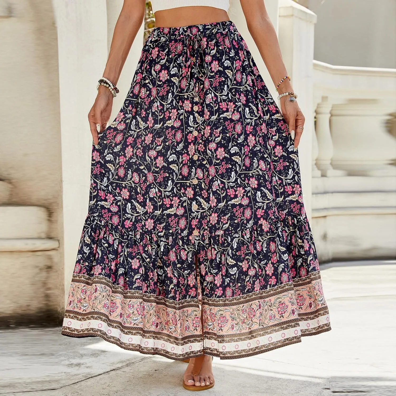 Womens Skirts,Bohemian Flowy Maxi Skirts for Women 2025 Trendy Long Boho Skirt Summer Wrap Drawstring Tiered