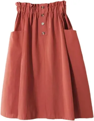 Women's Solid Color High Waisted Skirt with Double Pocket Buttons A-Line Skirt
