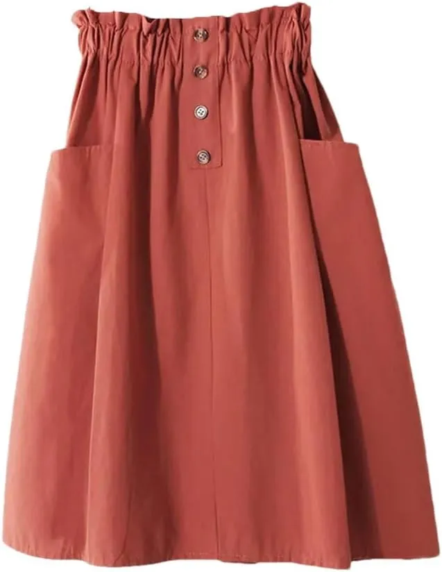 Women's Solid Color High Waisted Skirt with Double Pocket Buttons A-Line Skirt