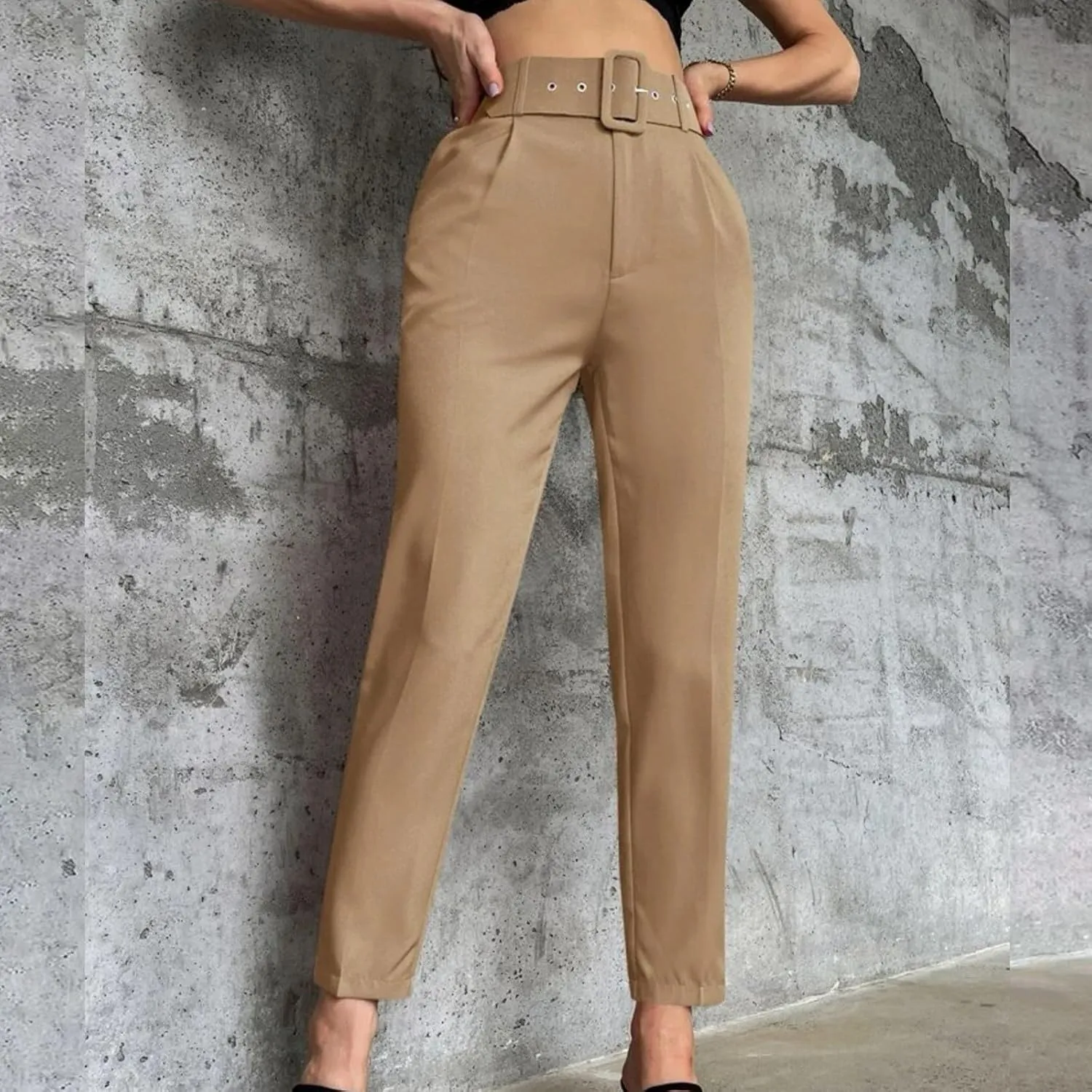 Women's Solid Color High Waisted Slim Straight Leg Nine Point Pants Dressy Casual Cropped Trousers Ankle Trousers