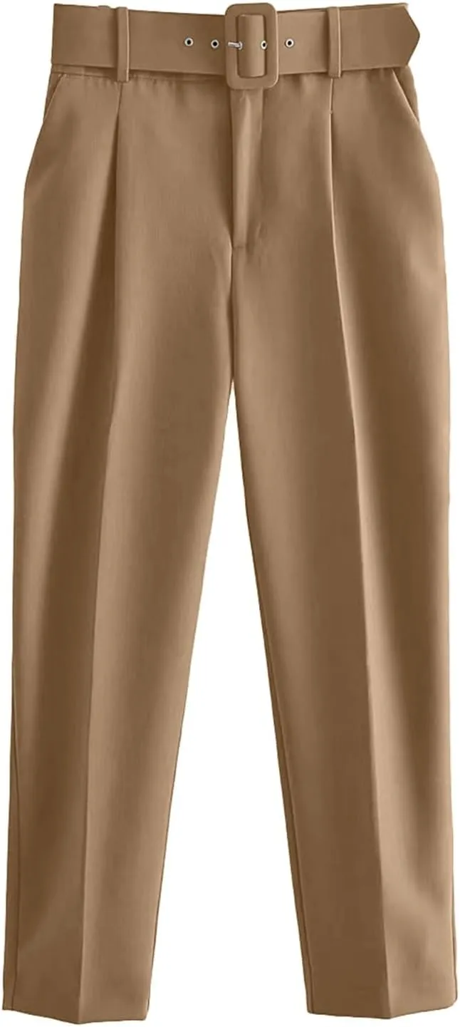 Women's Solid Color High Waisted Slim Straight Leg Nine Point Pants Dressy Casual Cropped Trousers Ankle Trousers