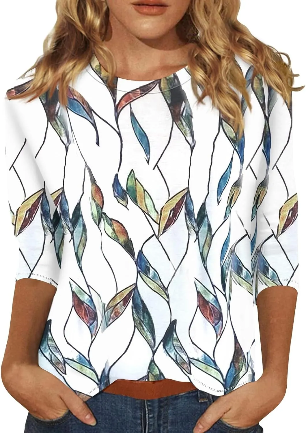 Womens Summer 3/4 Sleeve Tops 2025 Floral Print Round Neck Shirts Loose Fit Three Quarter Sleeve Tshirts