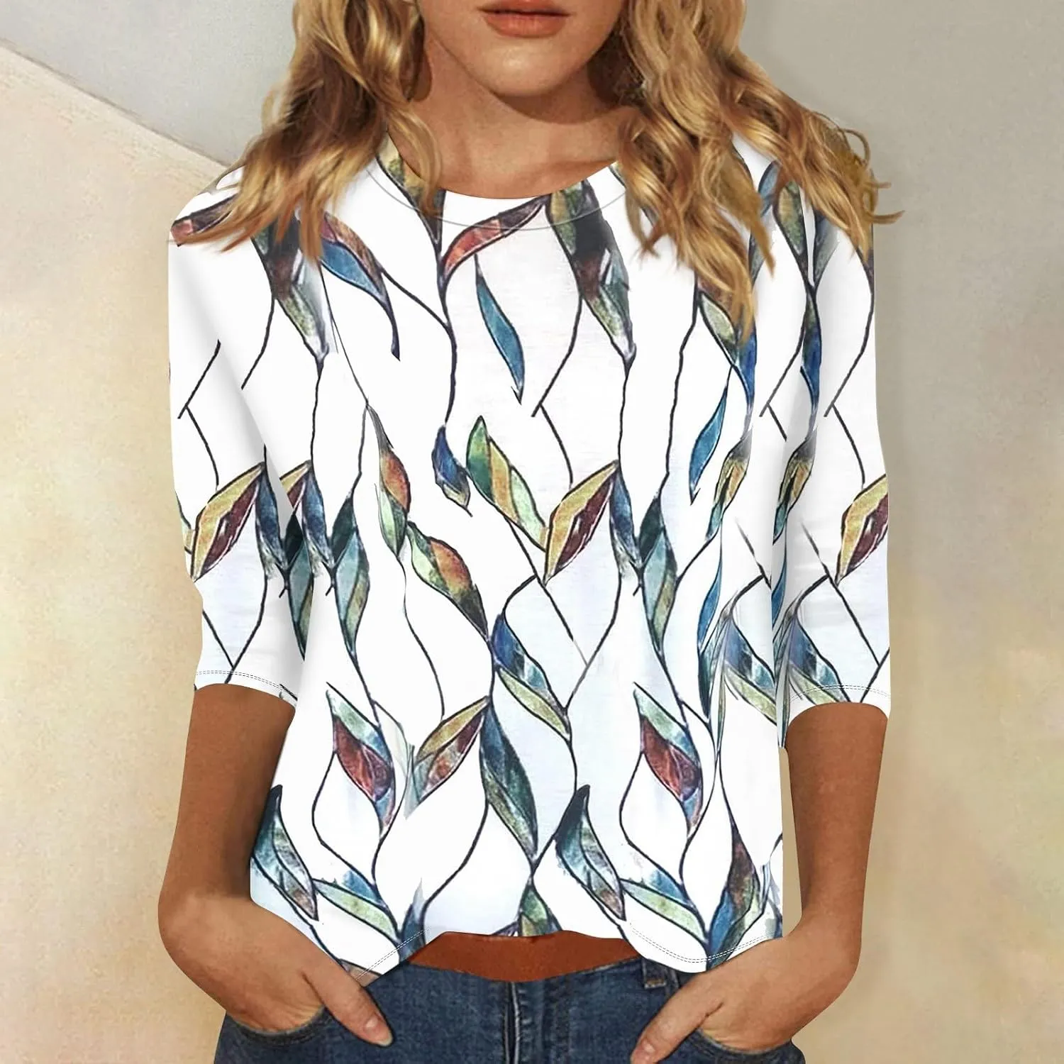 Womens Summer 3/4 Sleeve Tops 2025 Floral Print Round Neck Shirts Loose Fit Three Quarter Sleeve Tshirts