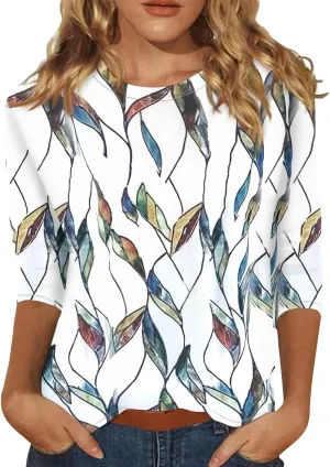 Womens Summer 3/4 Sleeve Tops 2025 Floral Print Round Neck Shirts Loose Fit Three Quarter Sleeve Tshirts