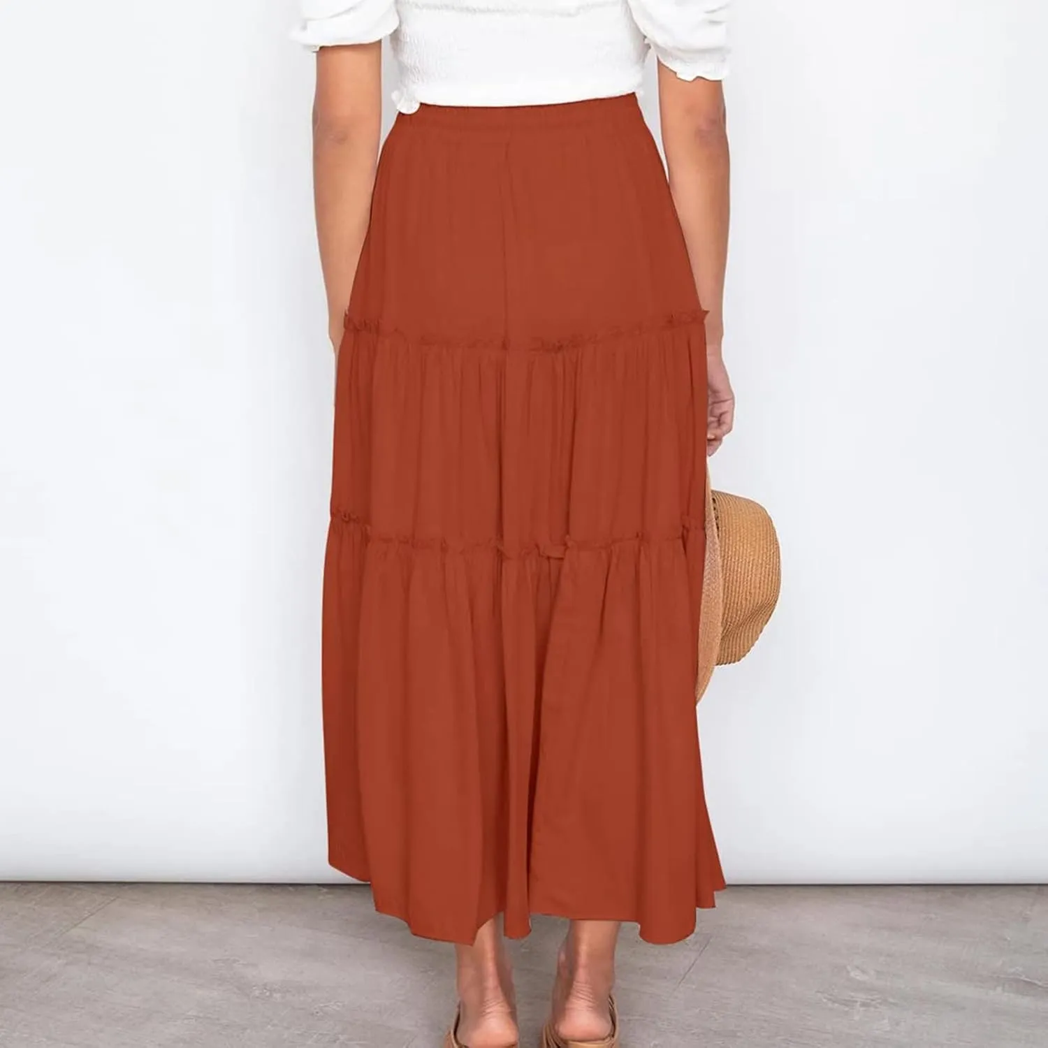 Womens Summer Beach Skirts Solid Flowy Ruffle Long Skirt Casual High Waist Maxi Skirts Bohemian Swing Half Dress