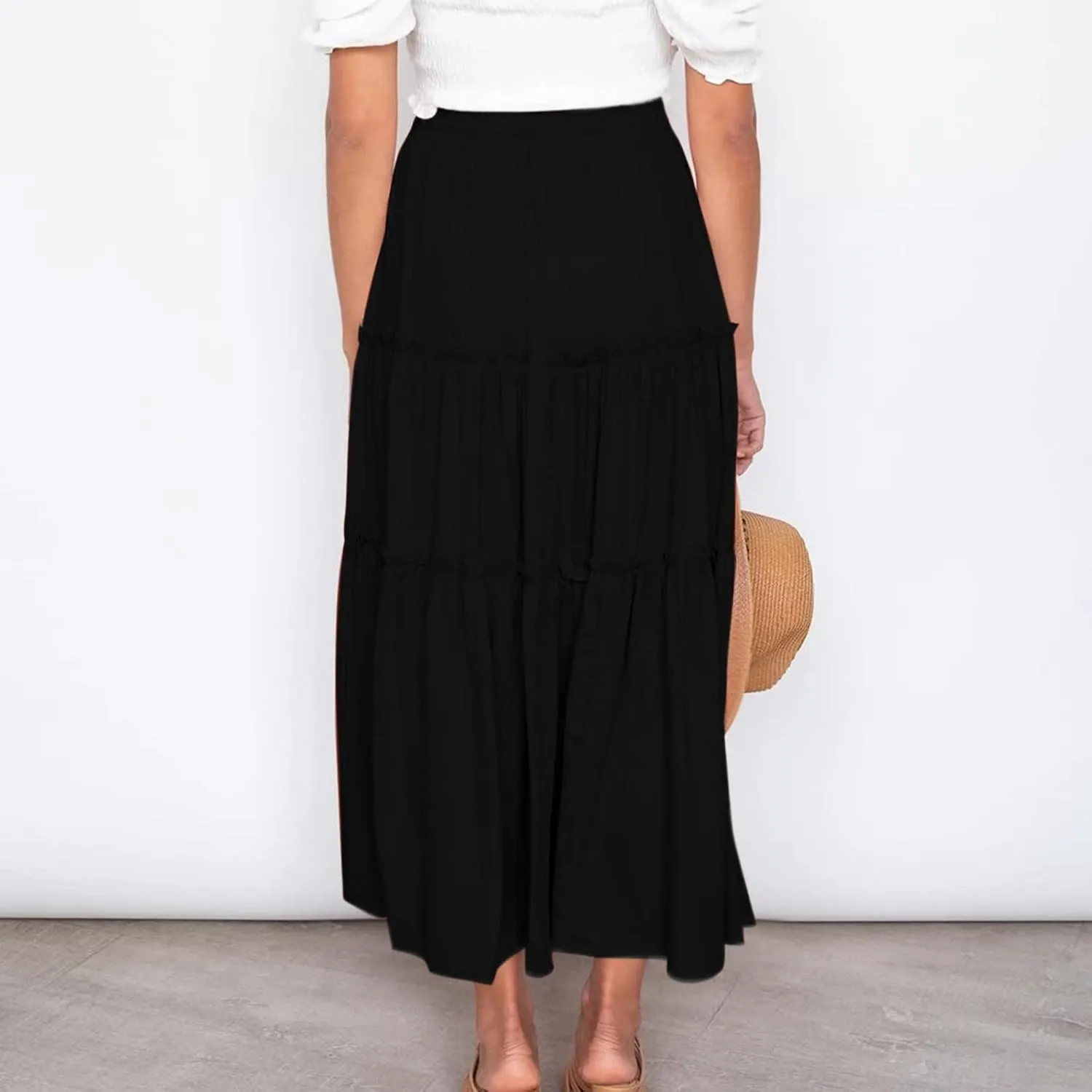 Womens Summer Beach Skirts Solid Flowy Ruffle Long Skirt Casual High Waist Maxi Skirts Bohemian Swing Half Dress