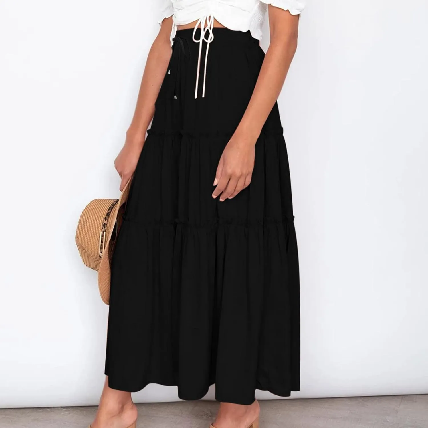 Womens Summer Beach Skirts Solid Flowy Ruffle Long Skirt Casual High Waist Maxi Skirts Bohemian Swing Half Dress