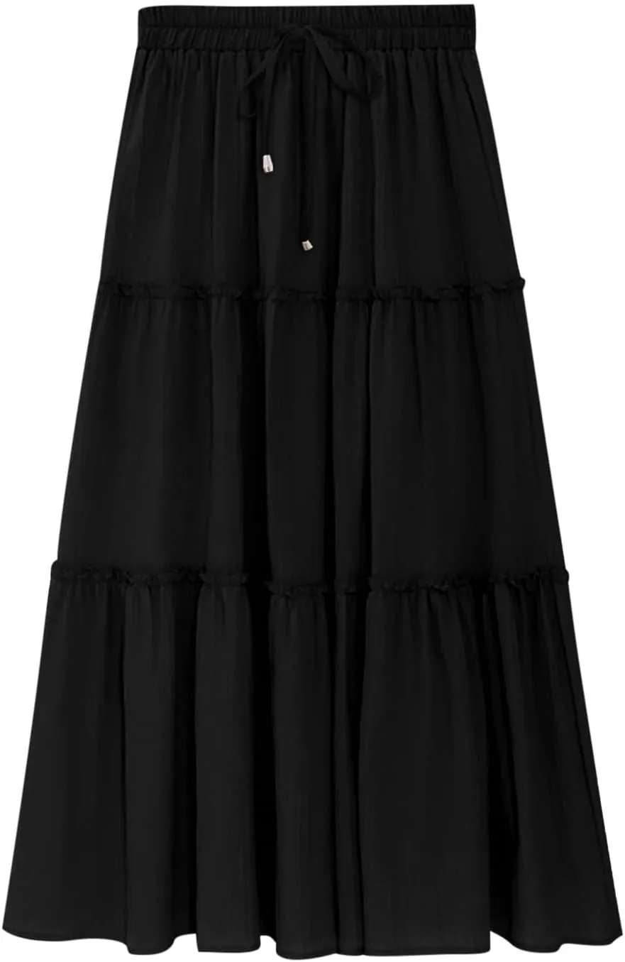 Womens Summer Beach Skirts Solid Flowy Ruffle Long Skirt Casual High Waist Maxi Skirts Bohemian Swing Half Dress