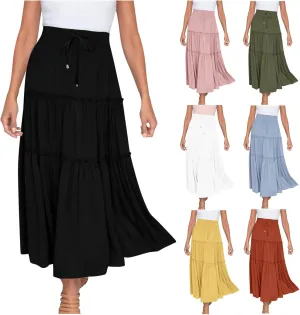 Womens Summer Beach Skirts Solid Flowy Ruffle Long Skirt Casual High Waist Maxi Skirts Bohemian Swing Half Dress