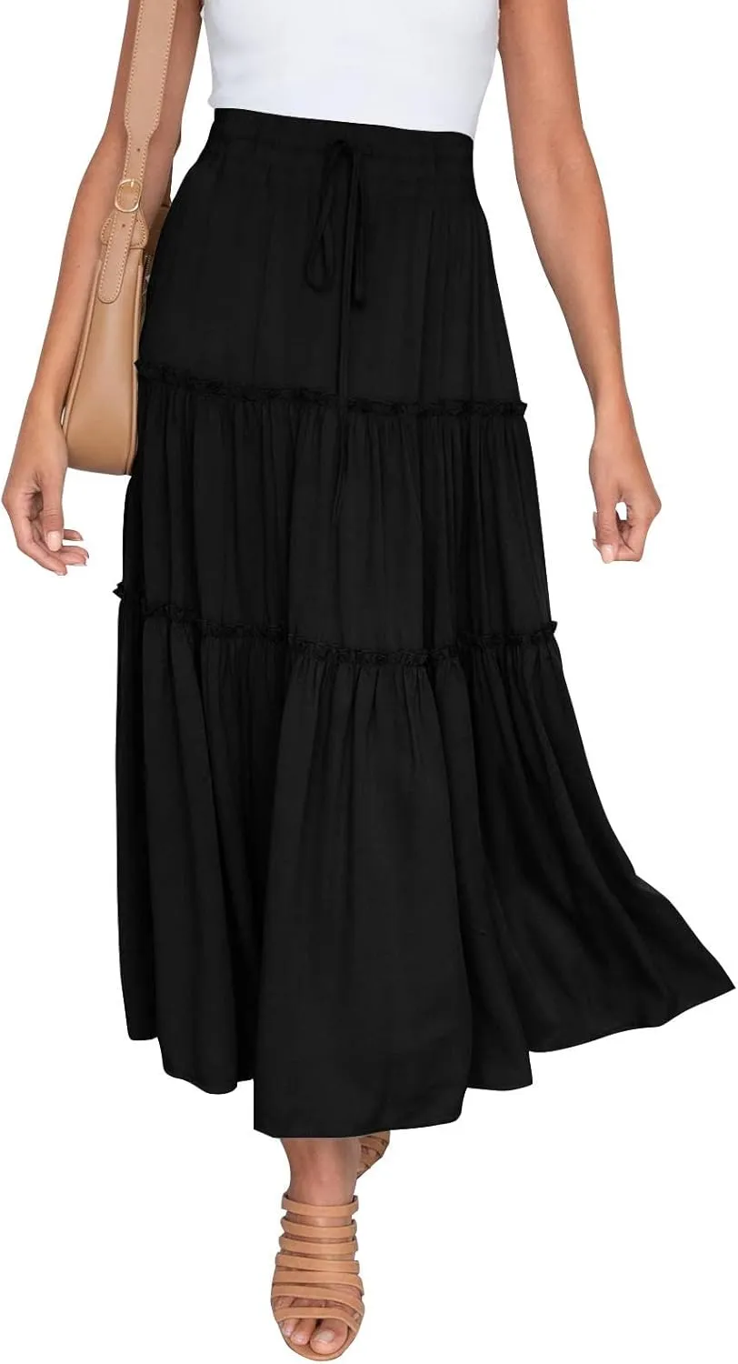 Womens Summer Beach Skirts Solid Flowy Ruffle Long Skirt Casual High Waist Maxi Skirts Bohemian Swing Half Dress