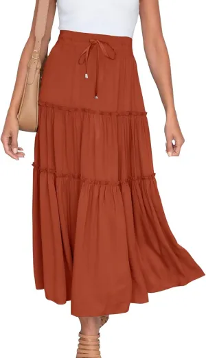 Womens Summer Beach Skirts Solid Flowy Ruffle Long Skirt Casual High Waist Maxi Skirts Bohemian Swing Half Dress