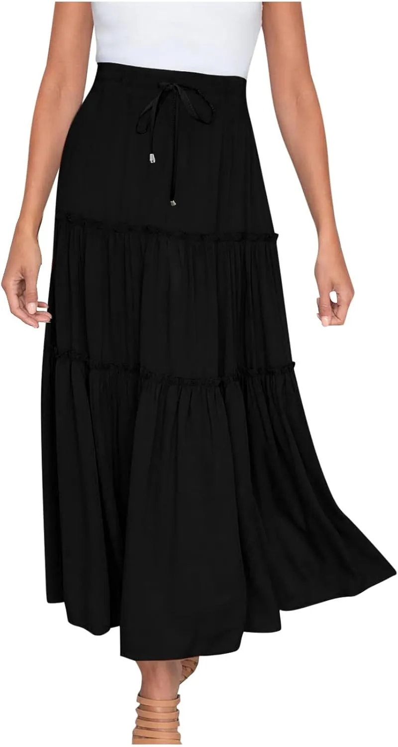 Womens Summer Beach Skirts Solid Flowy Ruffle Long Skirt Casual High Waist Maxi Skirts Bohemian Swing Half Dress