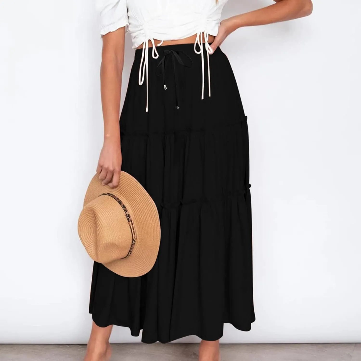 Womens Summer Beach Skirts Solid Flowy Ruffle Long Skirt Casual High Waist Maxi Skirts Bohemian Swing Half Dress