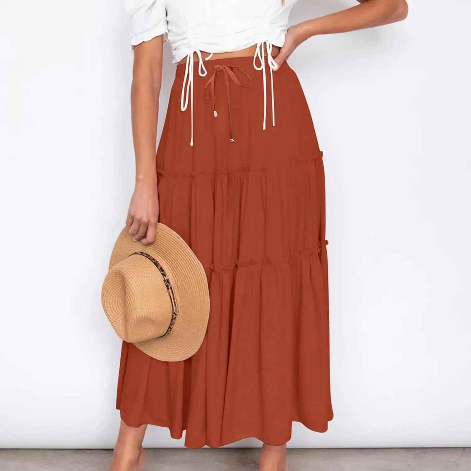 Womens Summer Beach Skirts Solid Flowy Ruffle Long Skirt Casual High Waist Maxi Skirts Bohemian Swing Half Dress