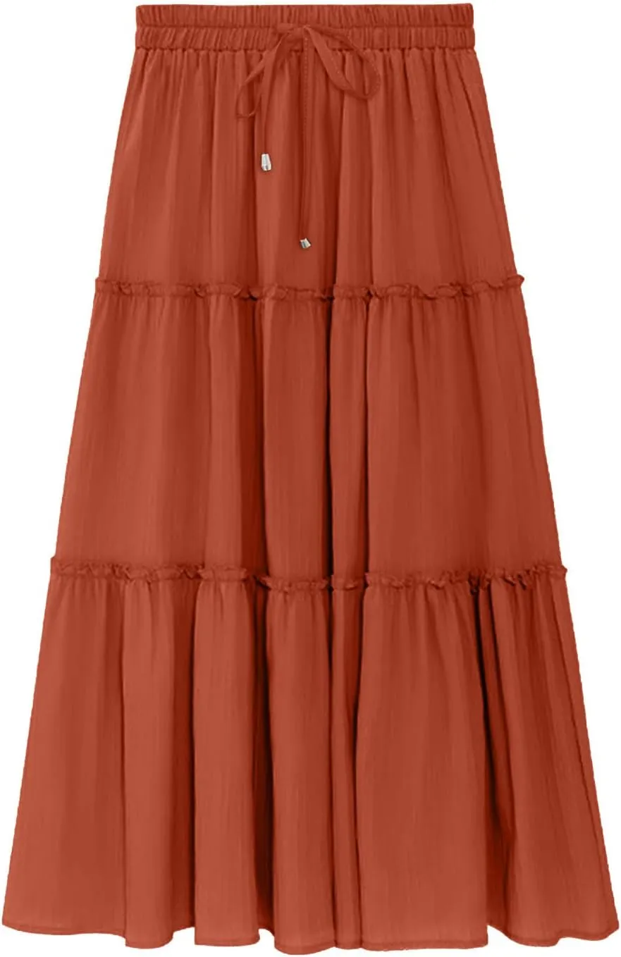 Womens Summer Beach Skirts Solid Flowy Ruffle Long Skirt Casual High Waist Maxi Skirts Bohemian Swing Half Dress