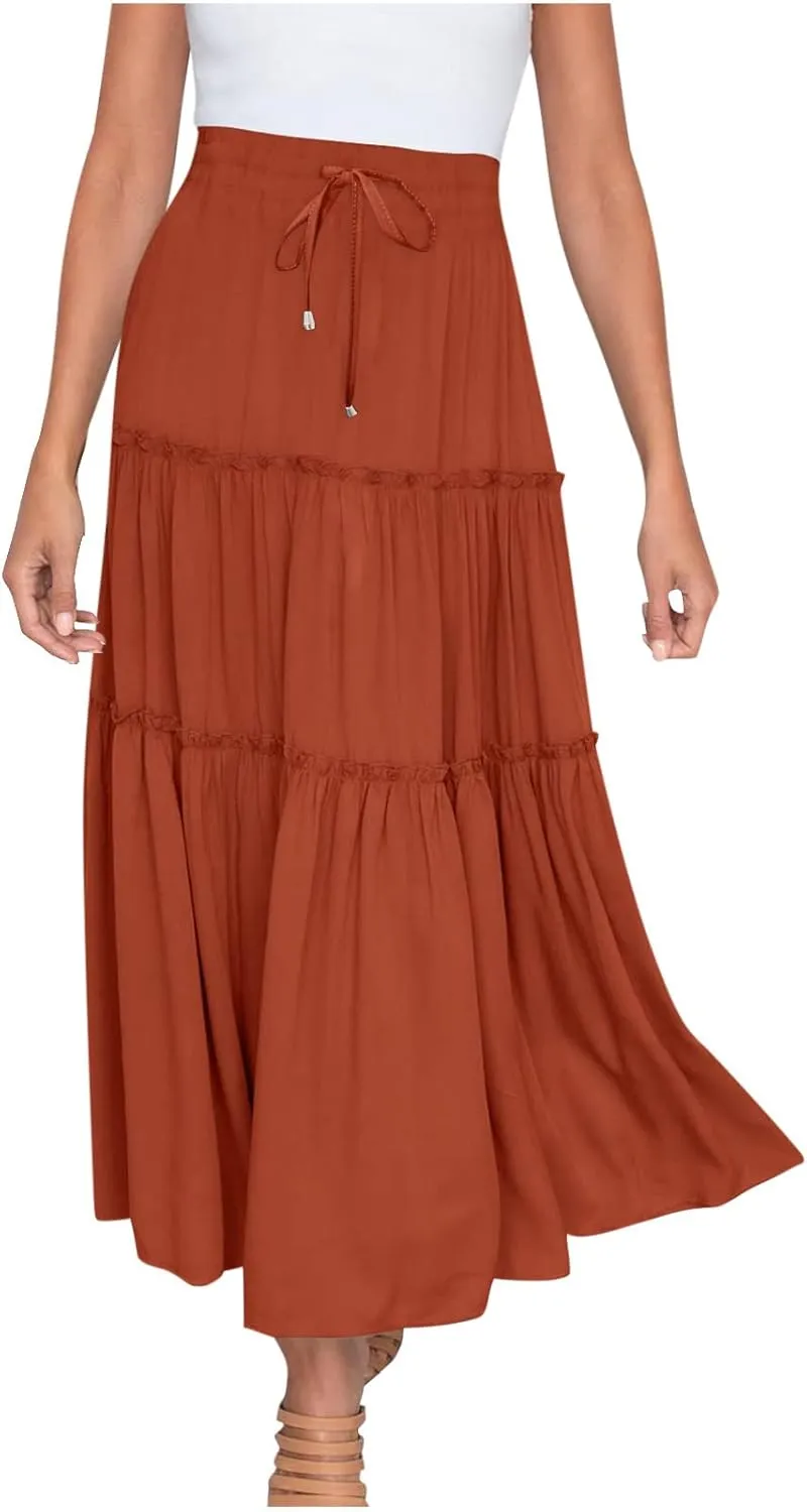 Womens Summer Beach Skirts Solid Flowy Ruffle Long Skirt Casual High Waist Maxi Skirts Bohemian Swing Half Dress