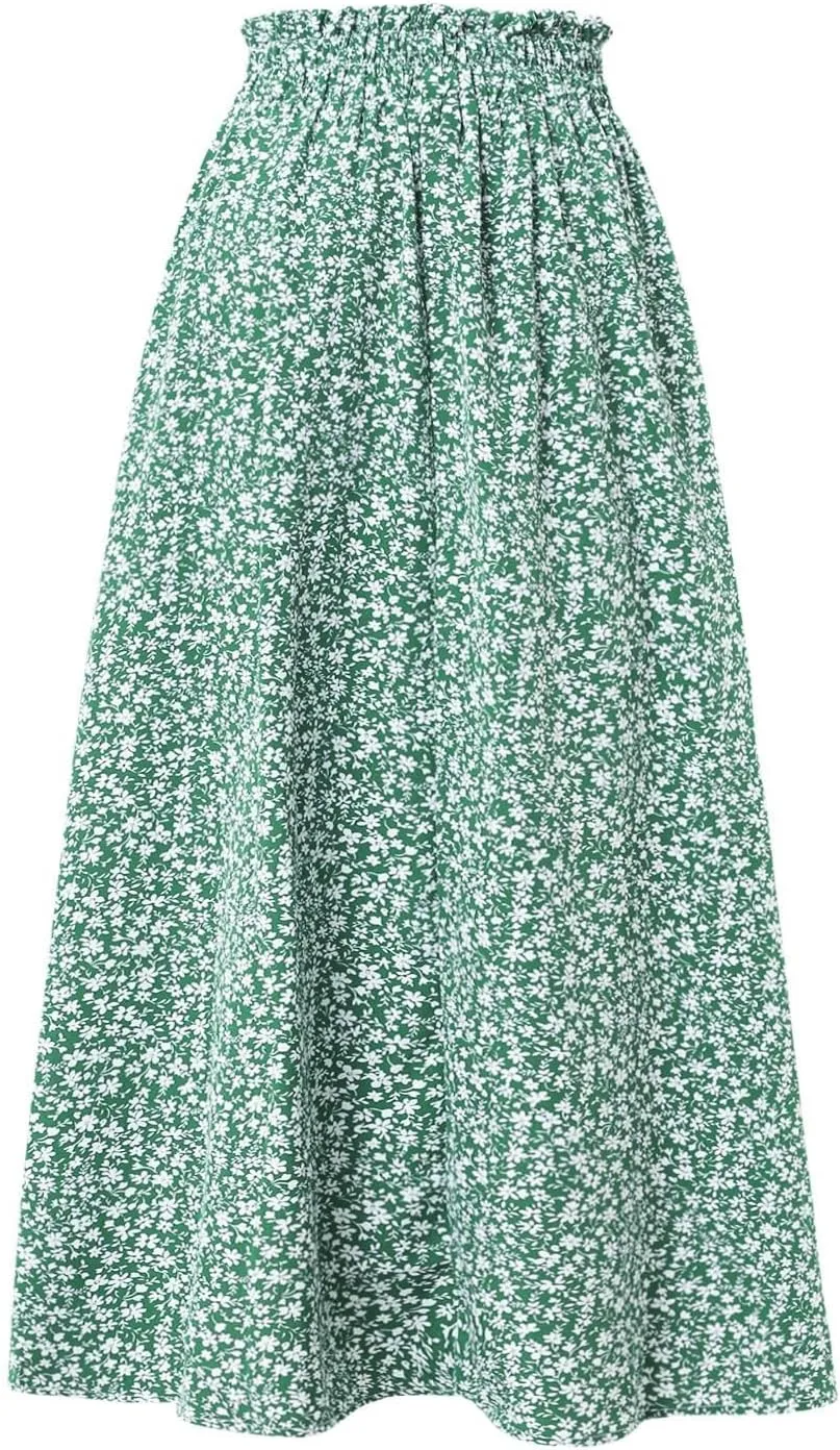 Women's Summer Boho Floral Maxi Skirt Casual High Waist Flowy Swing Tiered A Line Beach Long Skirts