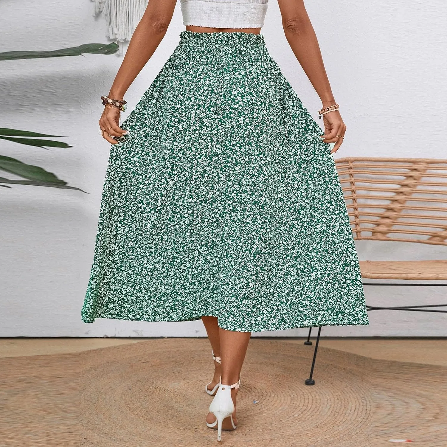 Women's Summer Boho Floral Maxi Skirt Casual High Waist Flowy Swing Tiered A Line Beach Long Skirts